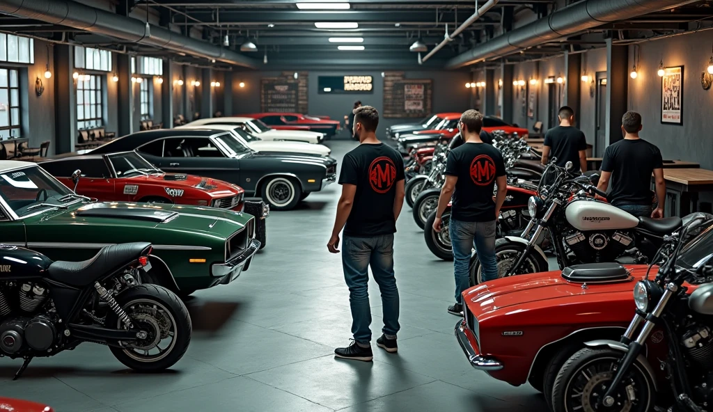 Modern contemporary motorcycle and car workshop design (6 motorcycles and 7 cars) large and very spacious, very well lit, On the second floor are the offices and a recreational area with a bar and a pool table., well-defined complete cars, well-defined complete motorcycles, open hoods, six male mechanics (The mechanics wear worn-out jeans and black t-shirts with the mechanic&#39;s logo in red.), (posters, hanging tool, well decorated walls, black walls), (rock or heavy metal atmosphere), wide angle photography from above, realistic photography, 8k, la Best Quality, (photorealistic) (Best Quality) (intricate details) (cinematic lighting) (sharp focus) ford impala 1967 negro mate | dodge charger rt 1970 blanco | pontiac gto 1970 dark green | plymouth barracuda 1969 red | lincon continental negro scout bobber Indian verde | harley davidson low riders negra | royal enfield alter ego negra | triumph bonneville bobber blanca