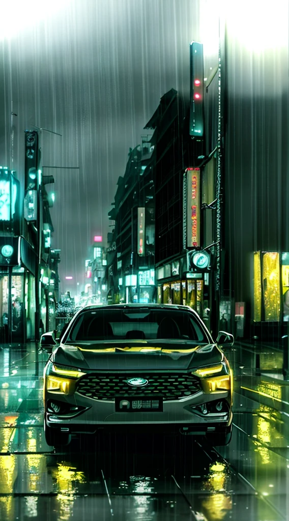 There was a car parked on the street in the rain, city at night in the rain, automotive photography, In the evening rain, rainy night city street, vehicle photography, china town blade runner, at evening during rain, rainy cyberpunk city, rainy streets in the background, The headlights shine neon, auto photography, cinematic front lightning