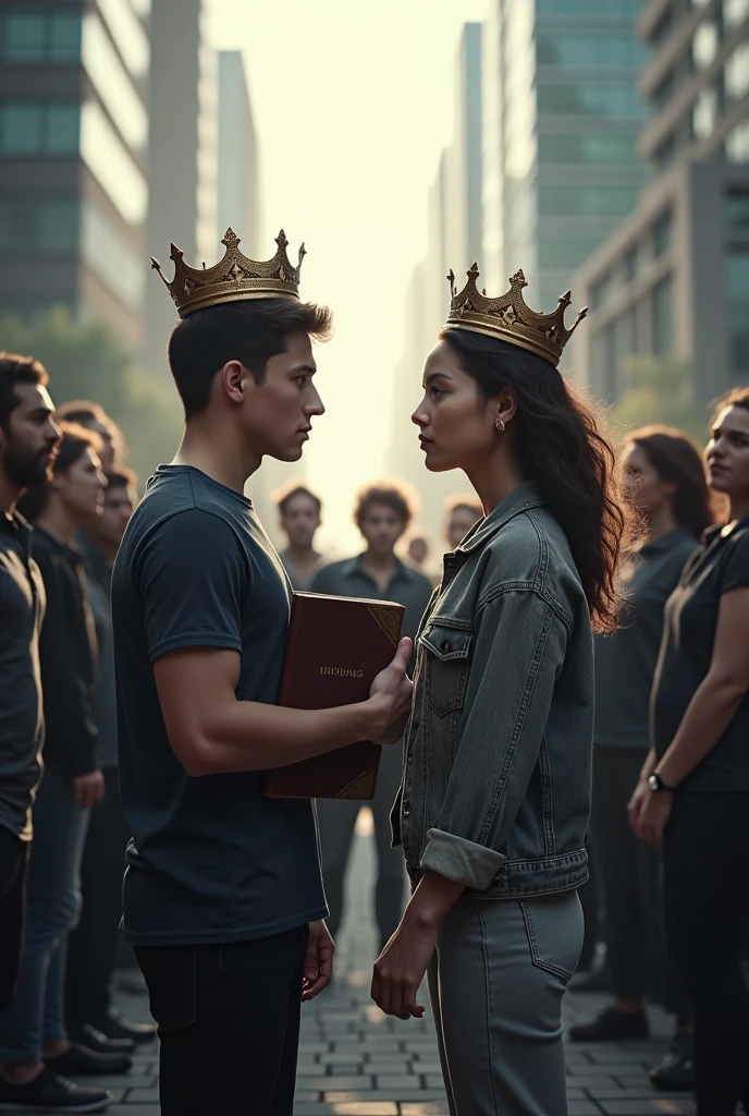 Modern young man hugging a bible and with a crown on his head being watched by evil young men and a modern young woman hugging a bible and with a crown on her head being watched by evil young women.