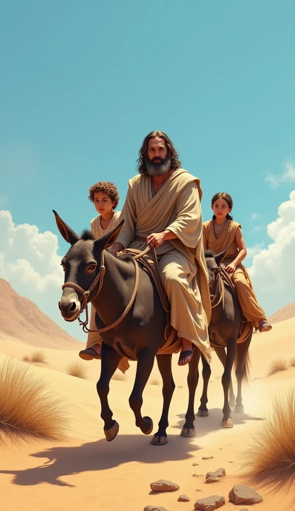 MOSES, his wife and two children riding a donkey through the desert.