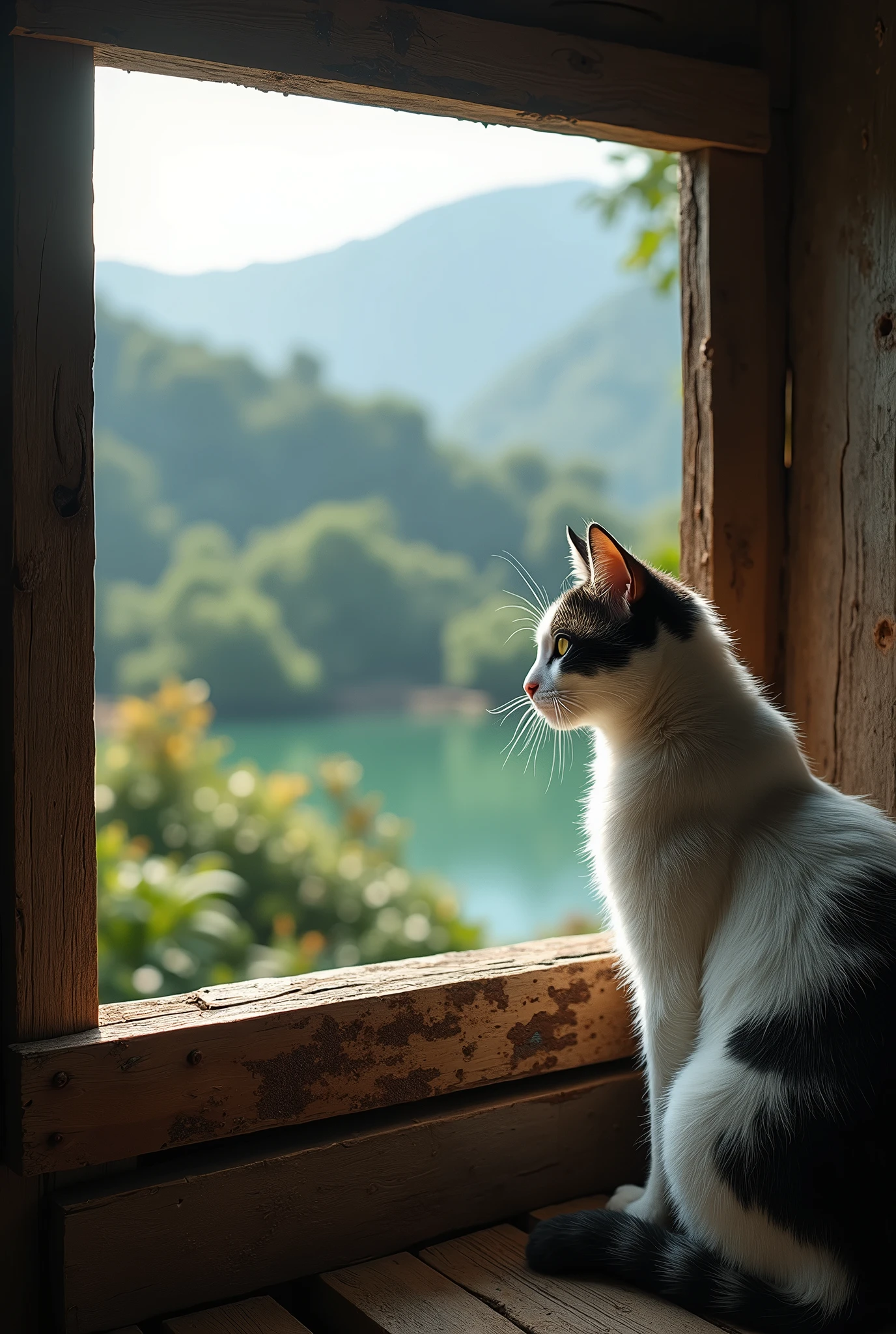 (Photorealism 1.2) high detailed definition cinematic cinematography white black cat looks outside background Malay Kampong village morning mode mountain lake old rusty wood house sunlight silhouette