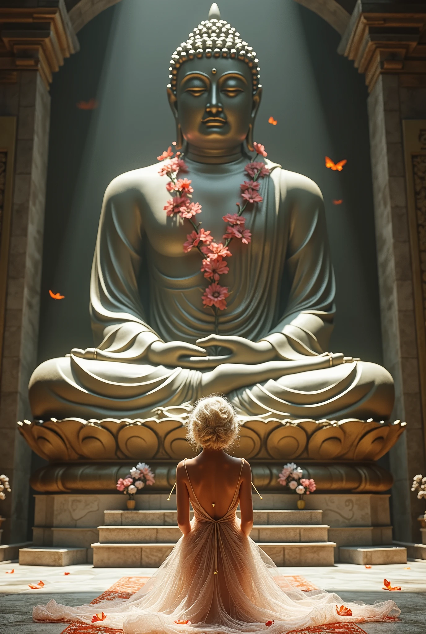 Marilyn Monroe (sheer elegant Asian gown colorful with intricate embroidery, no underwear), kneeling in prayer before a giant Buddha Statue, ancient temple, a lovely intricate offering of a flower necklace conceals the Buddha's breasts