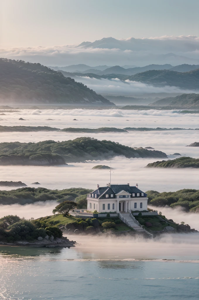 Two-story white house, stands on an island, surrounded by pale pink water and fog, early sunrise, pastel colors