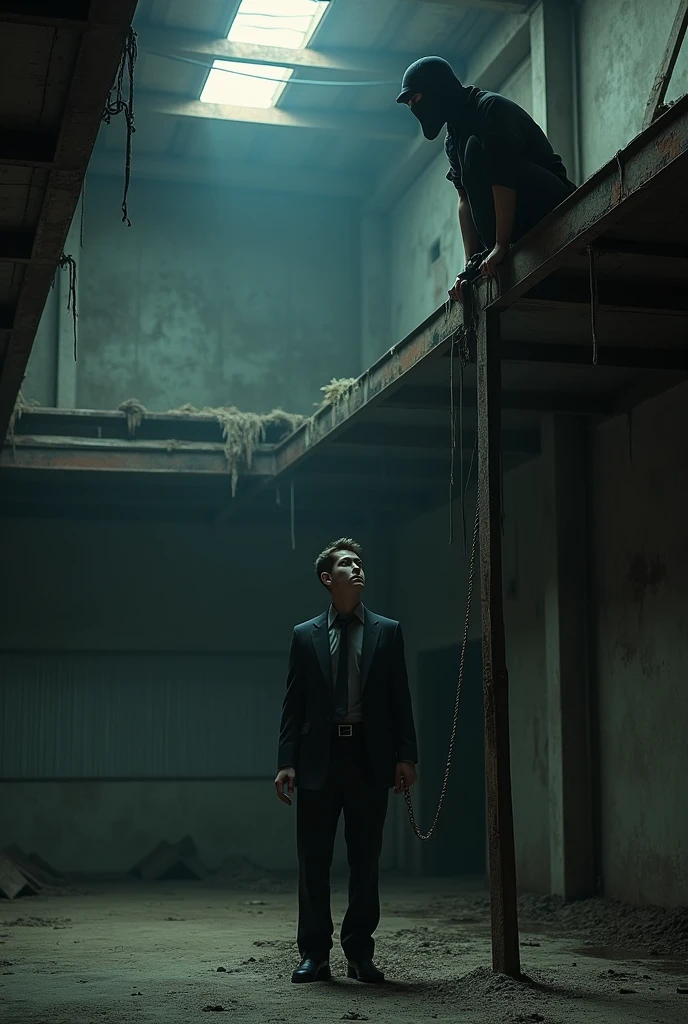 It's a warehouse. There are two floors. A young handsome man in suit is sitting down tied to a pole and his one leg is in shackel. He is looking up on the first floor where the floor is missing except for a iron slab and a woman wearing all black, a mask, a cap is crouched on the iron beam looking down at the man. Show the whole warehouse and show man and women a bit small