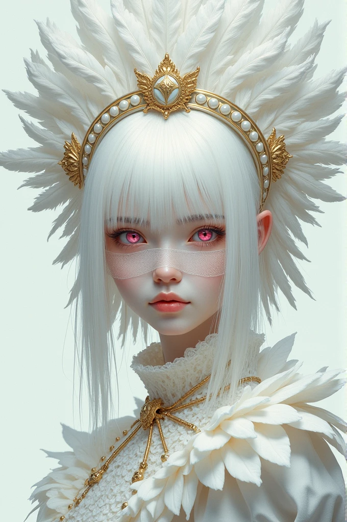 Drawing style like that of a dark fantasy, Girl/Bad-faced woman with small, slanted, almost red pink eyes but with totally albino white hair and eyelashes with skin as pale as snow, She wears a white mesh in the middle of her face that covers her face a little and a feather headdress on top of her hair., elegant white clothes like a duchess, clothes full of feathers and gold accessories