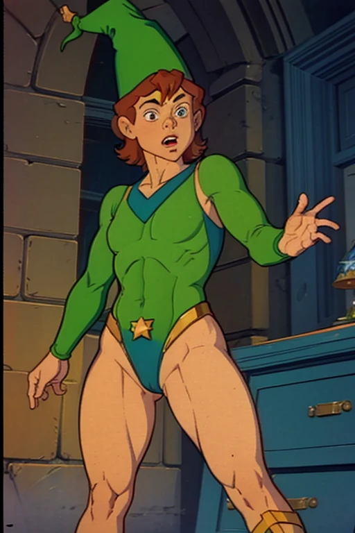 a redhead cartoon character, wonder woman outfit, green leotard, very muscular,  male wizard, 1980s cartoon, animated episode still, Presto (((mad))), ((Wears a wizard hat))