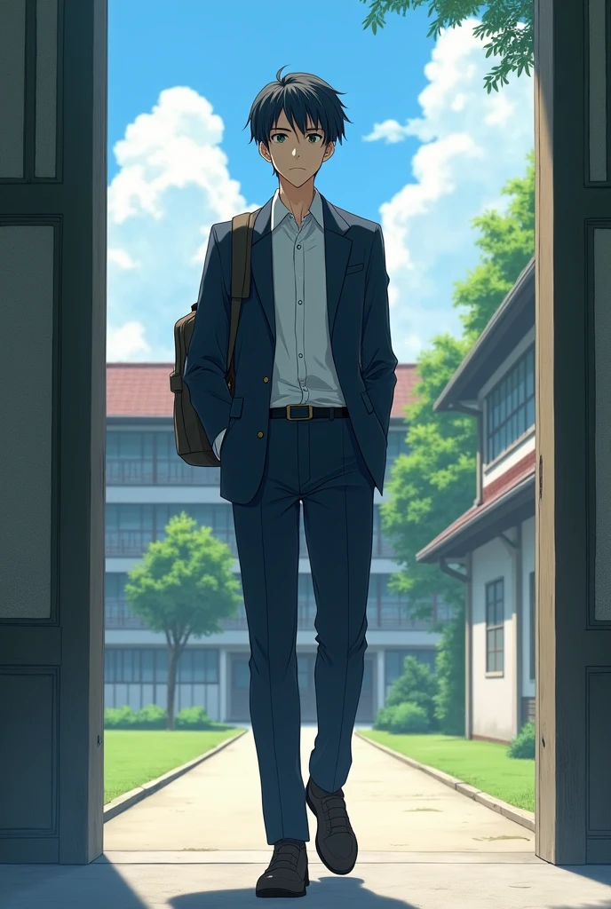Create a Japanese boy who is leaving school, he has and 1,80 tall 