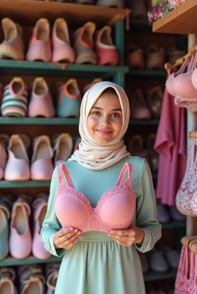 “A hijab teenage girl Margot Robbie was shopping for bras in a cheap shop on the side of the road. She wore a simple long-sleeved dress and a light cream colored hijab. The shop was filled with various bras of various styles and colors, displayed on shelves. The woman is smiling and holding a pink bra while looking at the camera. The backdrop is filled with colorful and varied footwear options, creating a vibrant and lively atmosphere."