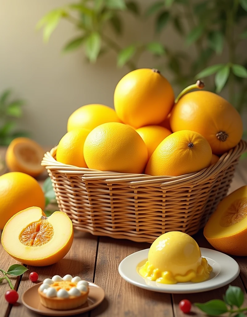 photo realism (1.2). On a table in a basket fresh yellow melons and desserts and yellow melon ice cream 