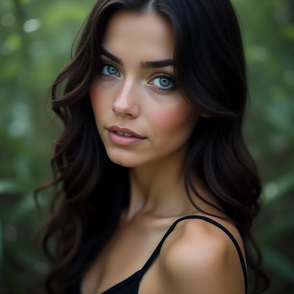 A close-up portrait of a young woman with striking blue eyes. She has long, wavy dark hair and is wearing subtle makeup, emphasizing her eyes and lips. The background is blurred with bokeh effects, suggesting a natural outdoor setting with soft lighting. The woman is wearing a black, thin-strapped top, and her gaze is directed towards the camera.
