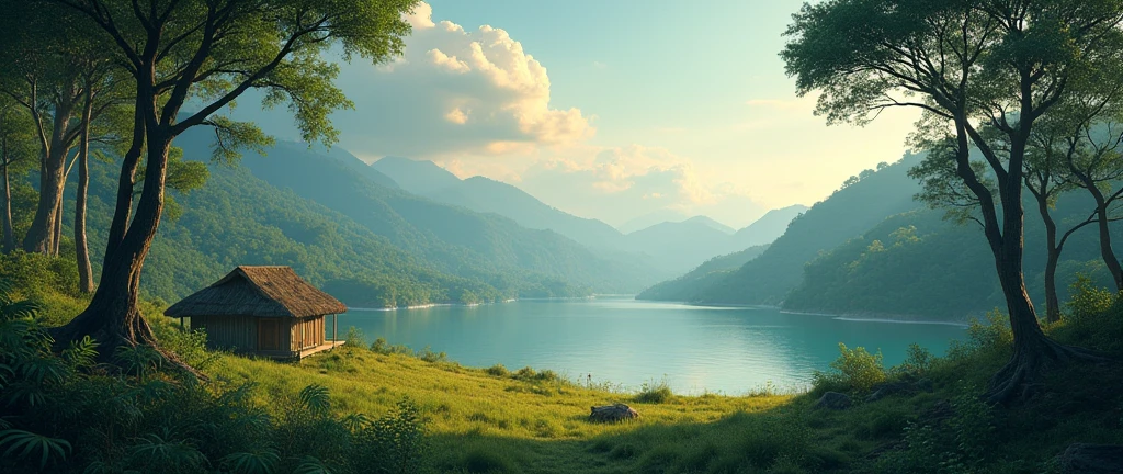 an african forest without humans, distant horizon, lake, cinematic scene, theatrical perspective, cartoon film style, high quality, small hut, cinematic lighting, high detail, beautiful landscape art, stunning 3D