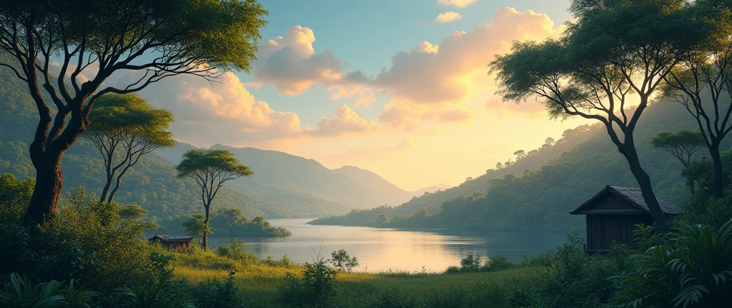 an african forest without humans, distant horizon, lake, cinematic scene, theatrical perspective, cartoon film style, high quality, small hut, cinematic lighting, high detail, beautiful landscape art, stunning 3D