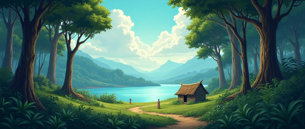 an african forest without humans, distant horizon, lake, cinematic scene, theatrical perspective, cartoon film style, high quality, small hut, cinematic lighting, high detail, beautiful landscape art, stunning 3D