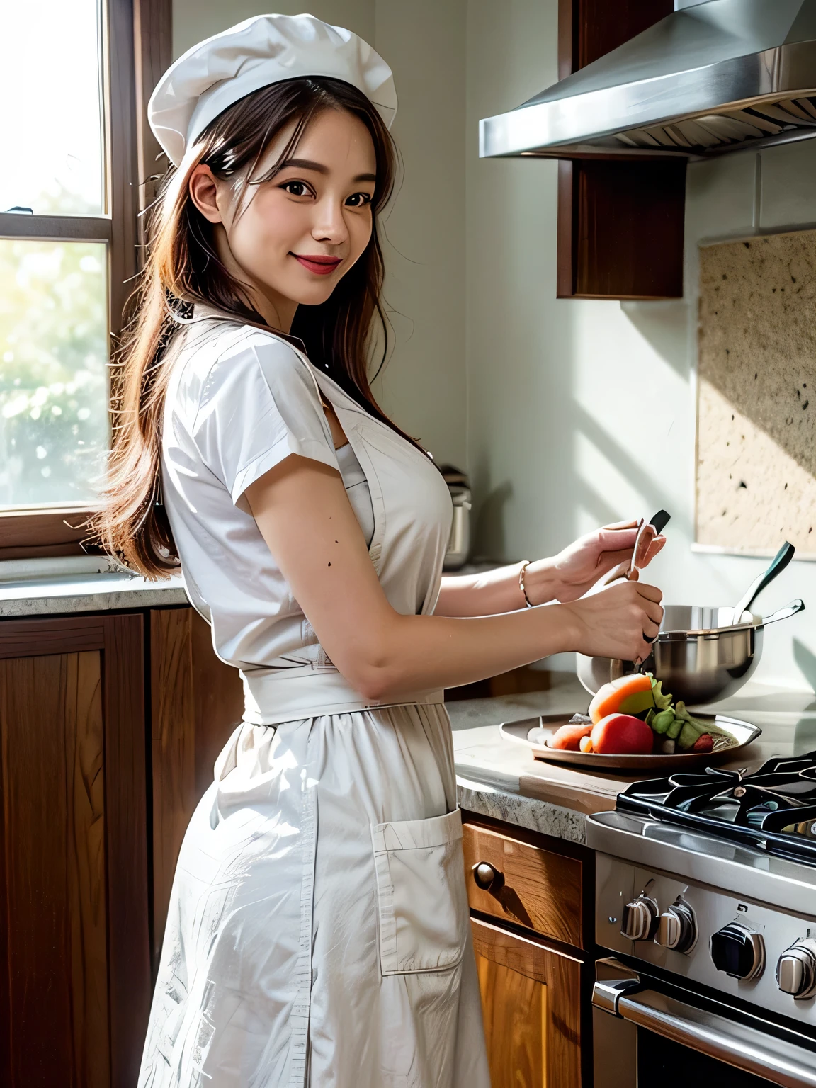(best quality, ultra-detailed, realistic:1.37), my fantastic partner, in the kitchen, professional lighting, vibrant colors, cozy atmosphere, delicious aroma, stainless steel appliances, modern design, marble countertop, wooden cabinets, exquisite details, apron, chef's hat, cooking utensils, ingredients, freshly baked bread, simmering pot on the stove, steam rising, cutting board, chopping vegetables, vibrant fruits, wine glasses, elegant dinnerware, cozy dining area, natural light, potted herbs, recipe book, artful wall decor, joyful laughter, teamwork, culinary creativity.