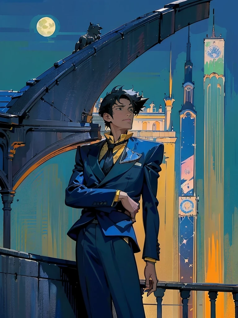 (masterpiece、top-quality、top-quality、Detailed and complex、official art、aesthetically pleasing:1.3)、(Spike spiegel)(Standing on a rooftop) (realistic art:1.3) Black hair、blue suit, yellow shirt with tie. Moon and stars background. 