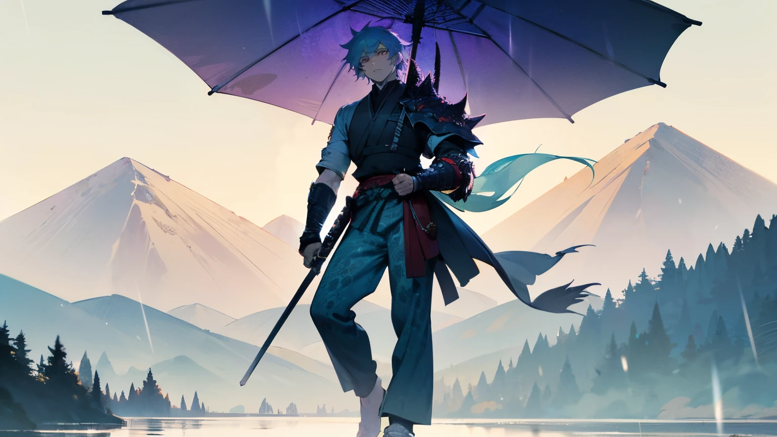 1male,Adult Male , Messy Pale Blue Hair ,Yellow Highlighted Hair, Purple Eyes , Samurai Armor-piece Armguard On One Arm , Fitted Yukata , Baggy Grey Pants ,Dragon Scale Print Loin Cloth, Standing at the foot of a mountain , Light Rain