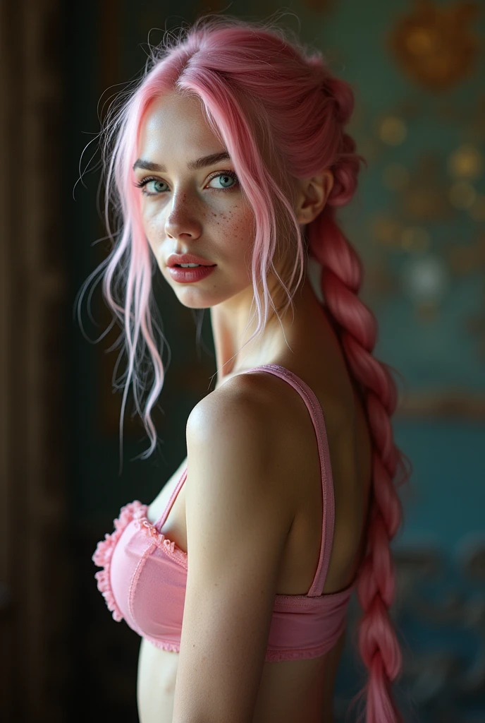 (Realisttic:1.2), analog photo style, Beautiful young woman, posing, with freckles and long pink hair braided, (steampunk dark fantasy atmosphere), soft natural light, cute and sexy, full body, pink lingerie, great quality, Masterpiece, detailed strange background, better performance, 16k quality, RAW photo
