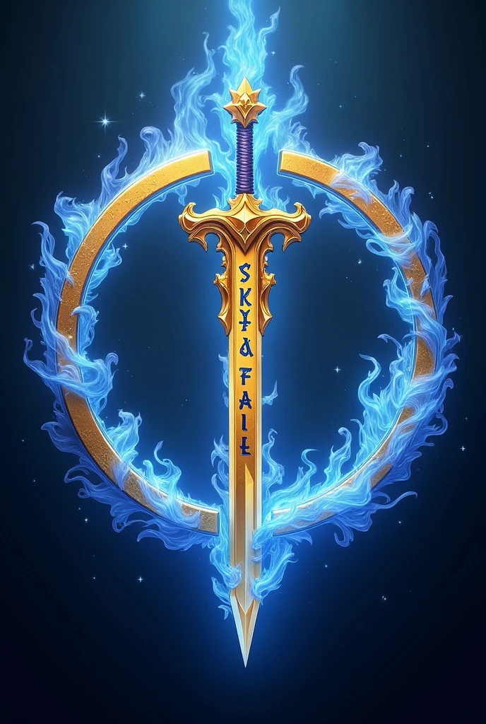 A golden circle with blue fire with. A sword in the middle that says sky fall admins and is gold with a dark blue background