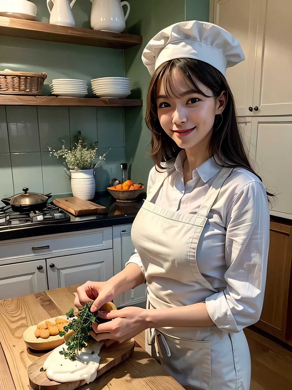 (best quality, ultra-detailed, realistic:1.37), my fantastic partner, in the kitchen, professional lighting, vibrant colors, cozy atmosphere, delicious aroma, stainless steel appliances, modern design, marble countertop, wooden cabinets, exquisite details, apron, chef's hat, cooking utensils, ingredients, freshly baked bread, simmering pot on the stove, steam rising, cutting board, chopping vegetables, vibrant fruits, wine glasses, elegant dinnerware, cozy dining area, natural light, potted herbs, recipe book, artful wall decor, joyful laughter, teamwork, culinary creativity.