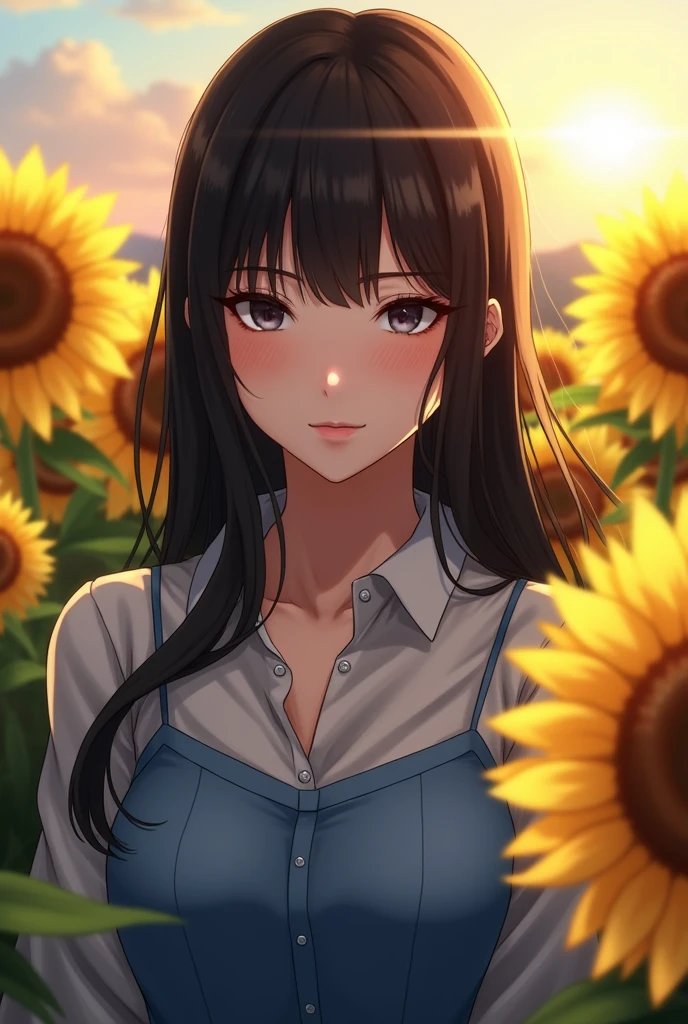 @BunnyAyu, BunnyAyumi \(Person)\, masterpiece, 1girl, ((portrait shot)), black eyes:1.5, nose, black hair, eyeliner, closed mouth, looking at viewer, long hair, blue sun dress|blue collared shirt, background: field of sunflowers, sunrise, solo, upper body, 