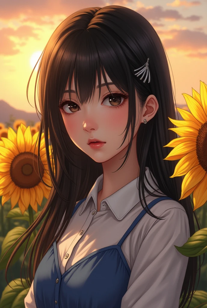 @BunnyAyu, BunnyAyumi \(Person)\, masterpiece, 1girl, ((portrait shot)), black eyes:1.5, nose, black hair, eyeliner, closed mouth, looking at viewer, long hair, blue sun dress|blue collared shirt, background: field of sunflowers, sunrise, solo, upper body,