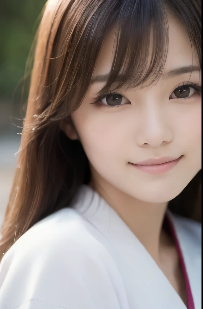 best quality, face focus, soft light, ultra high res, (photorealistic:1.4), RAW photo,(Shinozaki Ai), (fair skin), (kawaii),
1 Japanese girl, solo, cute, smile, (pupil, lights in the eyes),  detailed beautiful face, Medium-sized breasts,(high resolution detail of human skin texture),(long hair),(portrait), upper body, white traditional kimono