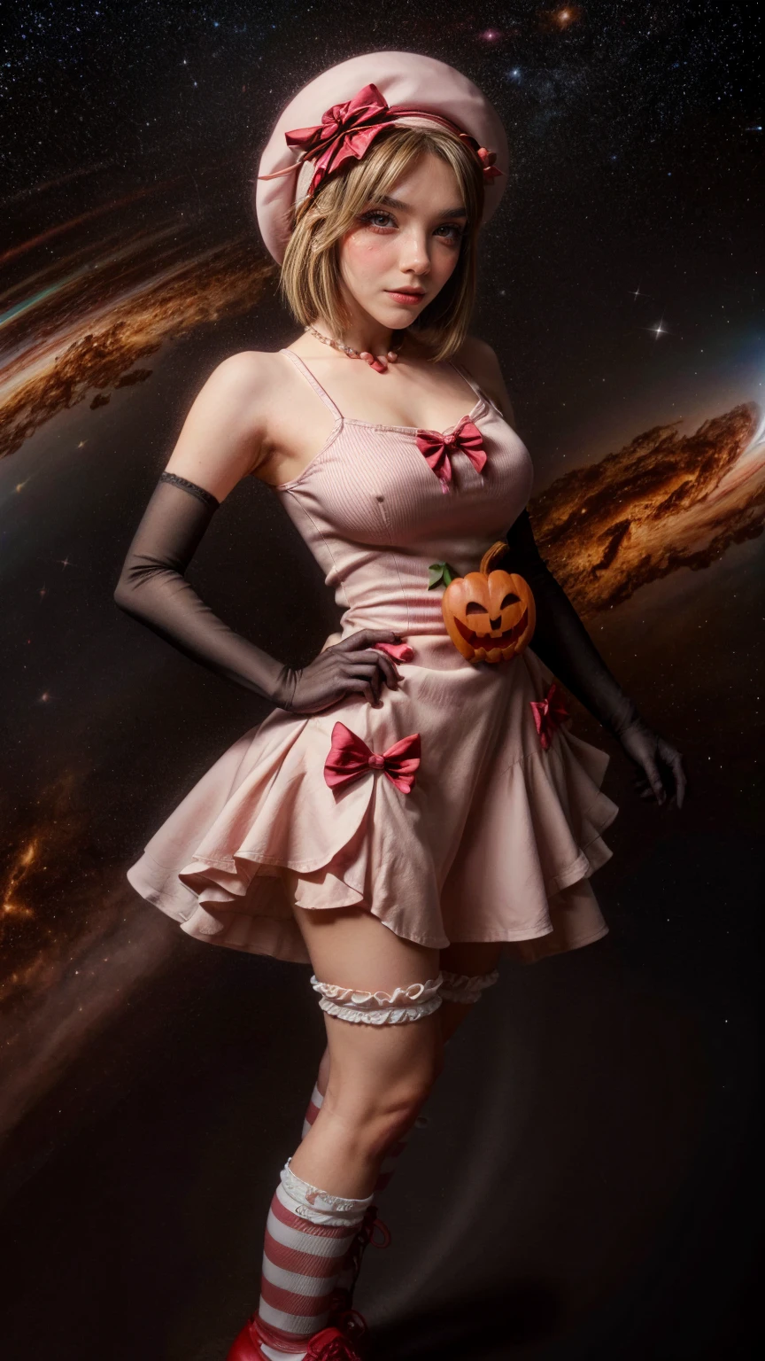 (1 lady), The beautiful, (Best quality at best:1.4), (ultra - detailed), (extremely detailed CG unified 16k), A Beautiful Woman with Perfect Figure: 1.4, Sharp Focus: 1.2, gold blonde hair, very detailed, High-definition RAW color photo, professional photoshooting, amazing face and eyes, cosmetics, (amazingly beautiful girl), ((Lambdadelta)), Bethcast, ((exact clothes: dress, shoes bow, red shoes, striped stockings, red bow, pink hat, necklace, gloves, pearl, pumpkin brooch, pink dress)), levitating in a cute posture, (floating in space), (She's levitating in a cosmic sea, outer space:1.3, quantum hyperspace room lacking walls, hyperspace chamber, extremely detailed background, a lot of details background, realistic background), (look from above), realistic cinematic face, head to feet long wide zoomed out view, full body long view, photorealistic, ((realistic natural blonde hair style, red eyes)), gorgeous, extremely beautiful face, perfect model beauty, Highly Detailed Face and Skin Texture, Detailed Eyes, Double Eyelids, Big Breasts, Persistent Stare, Beautiful Smile, Perfect Teeth, Faith Trance, (masterpiece), best quality, high resolution, extremely detailed, cinematic lighting, amazing legs, red combat boots, clear and well-cared skin, pale skin, lambdadelta exact dress: 1,