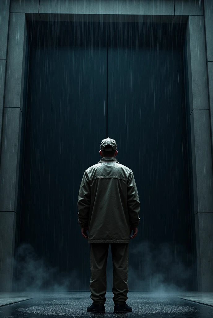 A delivery man standing out big black door outer raining heavily 