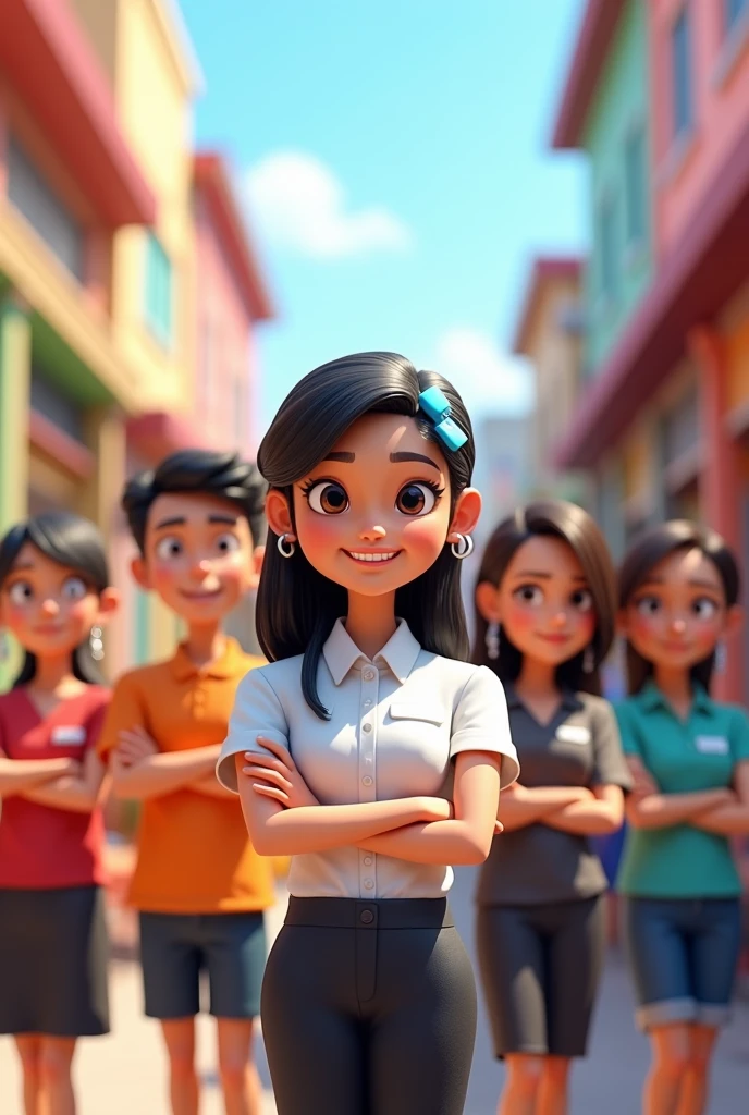 Create a 3D cartoon-style image featuring 7 distinct characters, each with unique physical traits and outfits.
A woman with a square face, shoulder-length hair pinned back with a blue clip, and wearing a traditional Thai government official uniform. She has a bright smile showing all her teeth and is standing in the center of the image with her arms crossed.
