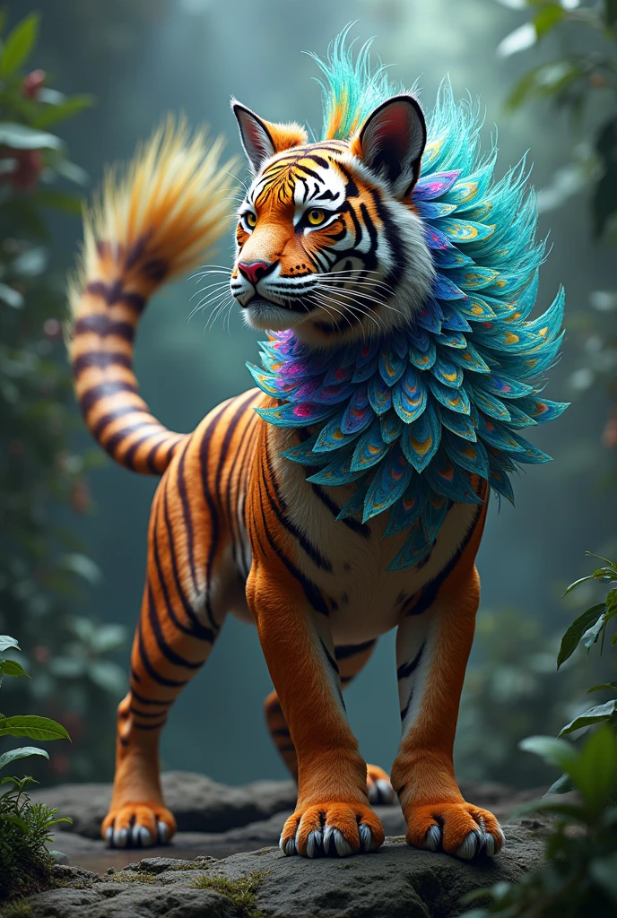 Tiger-Peacock Hybrid: A stunning fusion of a tiger’s muscular frame and a peacock’s colorful plumage. The creature's coat is striped with iridescent feathers, and its tail fans out in a dazzling display of vibrant colors, adding a regal and exotic flair to its fierce appearance.