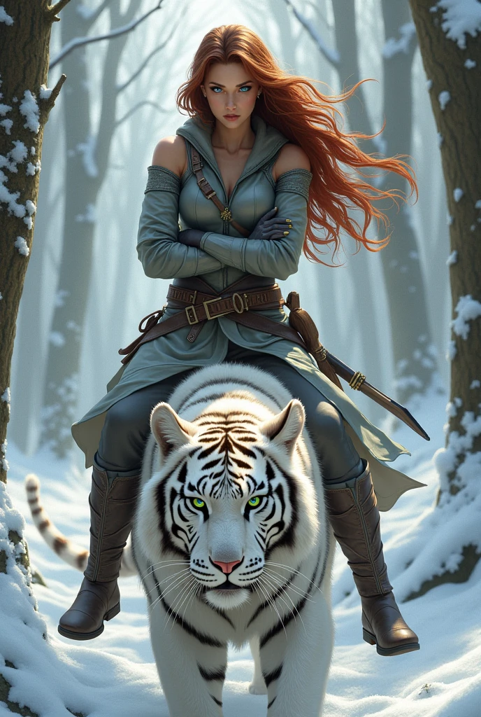 Woman with dark red hair, green eyes with yellow, wearing gray fighting gear, in a snowy white forest, on top of a white tiger shooting bow and arrow

