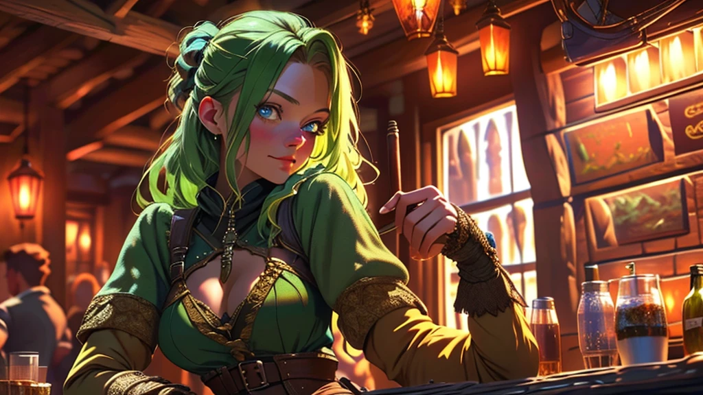 Hunter girl in fantasy tavern, work of art, Ultra-high contrast, details Intricate, insane details, 8k