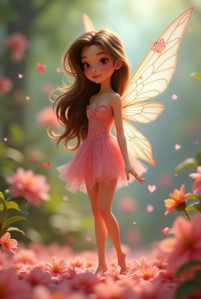 Image with the magic of Pixar, Tinkerbell's Friend Rosette, a white fairy with brown hair , semi prisoners, dressed in a pink flower and transparent wings