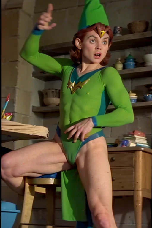 a redhead cartoon character, wonder woman outfit, green leotard, very muscular, male wizard, 1980s cartoon, animated episode still, Presto (((mad))), ((Wears a wizard hat))