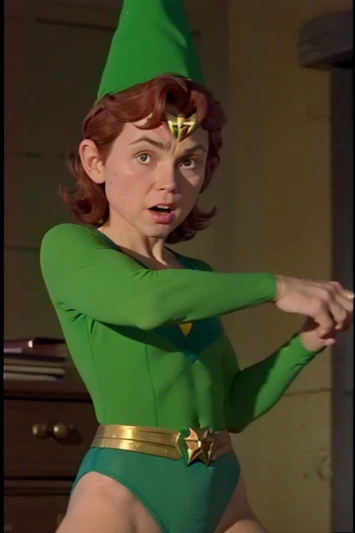 a redhead cartoon character, wonder woman outfit, green leotard, very muscular,  male wizard, 1980s cartoon, animated episode still, Presto (((mad))), ((Wears a wizard hat))