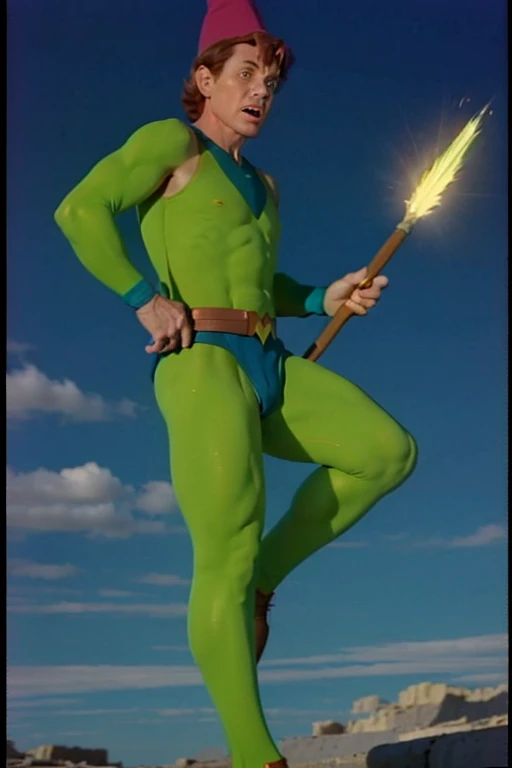 a redhead cartoon character, wonder woman outfit, green leotard, very muscular,  male wizard, 1980s cartoon, animated episode still, Presto (((mad))), ((Wears a wizard hat))