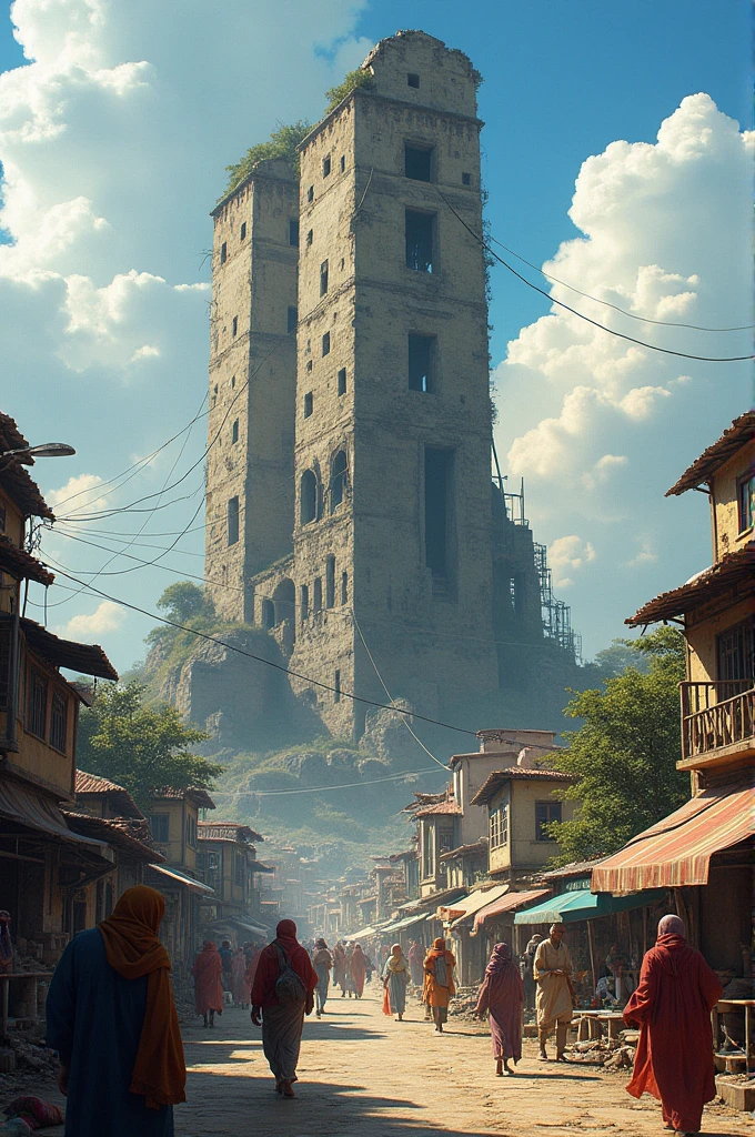 ruined building and lively population around it