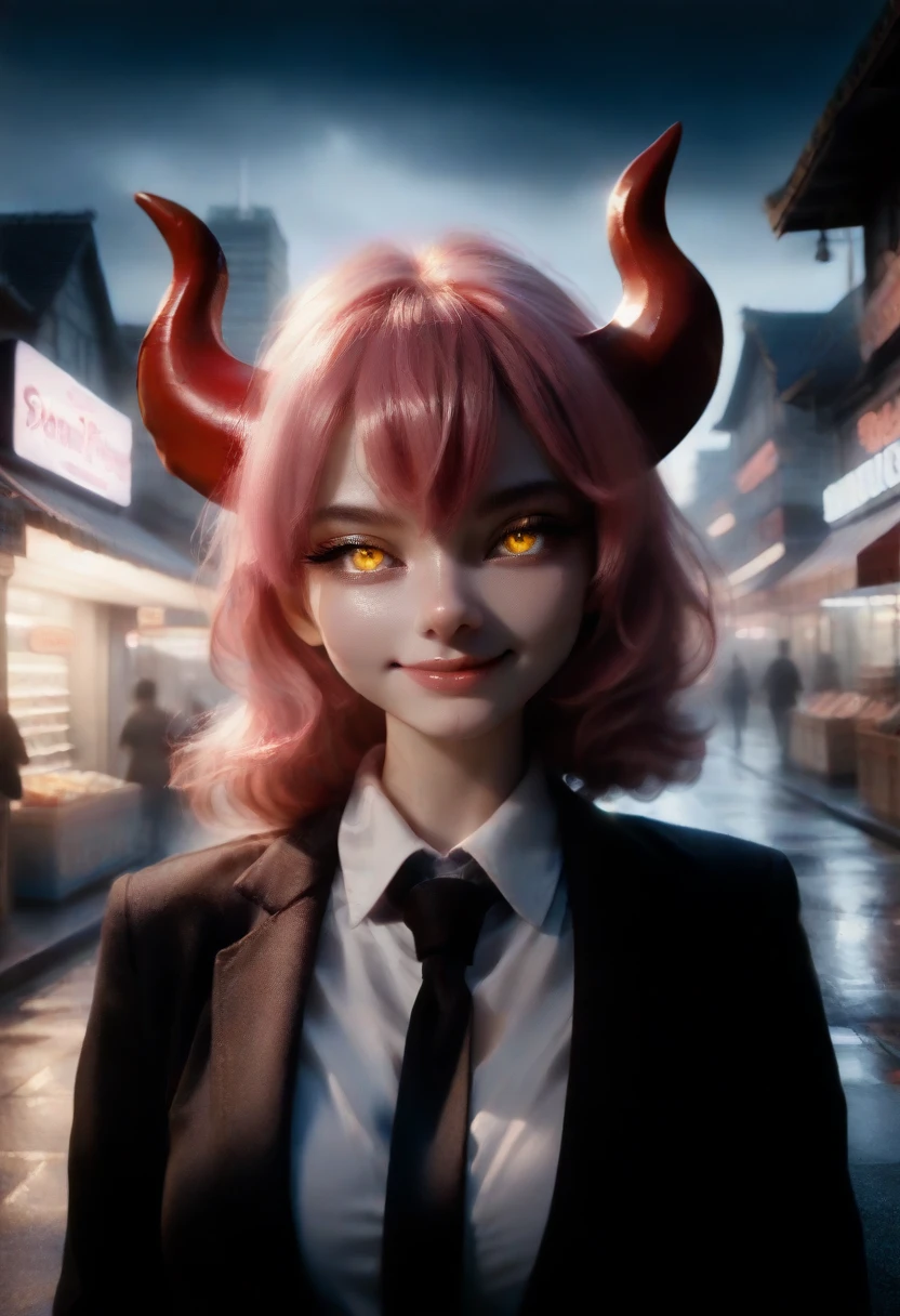 1girl, long pink hair, red horns, white collared shirt, black necktie, light smile, yellow eyes, corneo_power,, buildings,shops,town streets, dark sky, scenery,neon signs,night city, japanese lyrics,, , absurdres, detailed eyes, extremely detailed, volumetric lighting, realistic, realistic lighting, 8k, cinematic lighting, depth of field, perfect, hyper-detailed, photorealistic, ultra realistic, realistic light, hard lighting, intricate details, stop motion, tonemapping, sharp focus, hyper detailed,