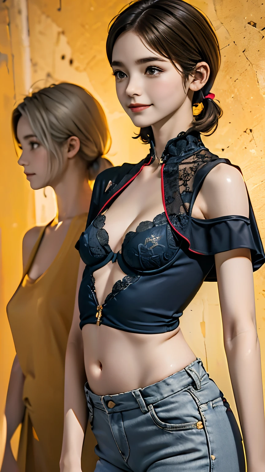 ((wallpaper 32k)), ((surreal)), ((Quality with attention to detail:1.2)), 1 girl, yo talent、kind eyes,ash gray hair,french braid、natural look,(((small breasts,small breasts)))、black classy dress,black capelet, look up, widespread poverty, short cut hair,short hair twin tails、ash gray hair:1.5、white skin、((The belly button and the surrounding area are exposed)),(Shoulders exposed skin),(Are thin),(Slim overall body type),A beautiful girl,(Flat Chest),(Intelligent smile),(The waist and thighs are very thin.),