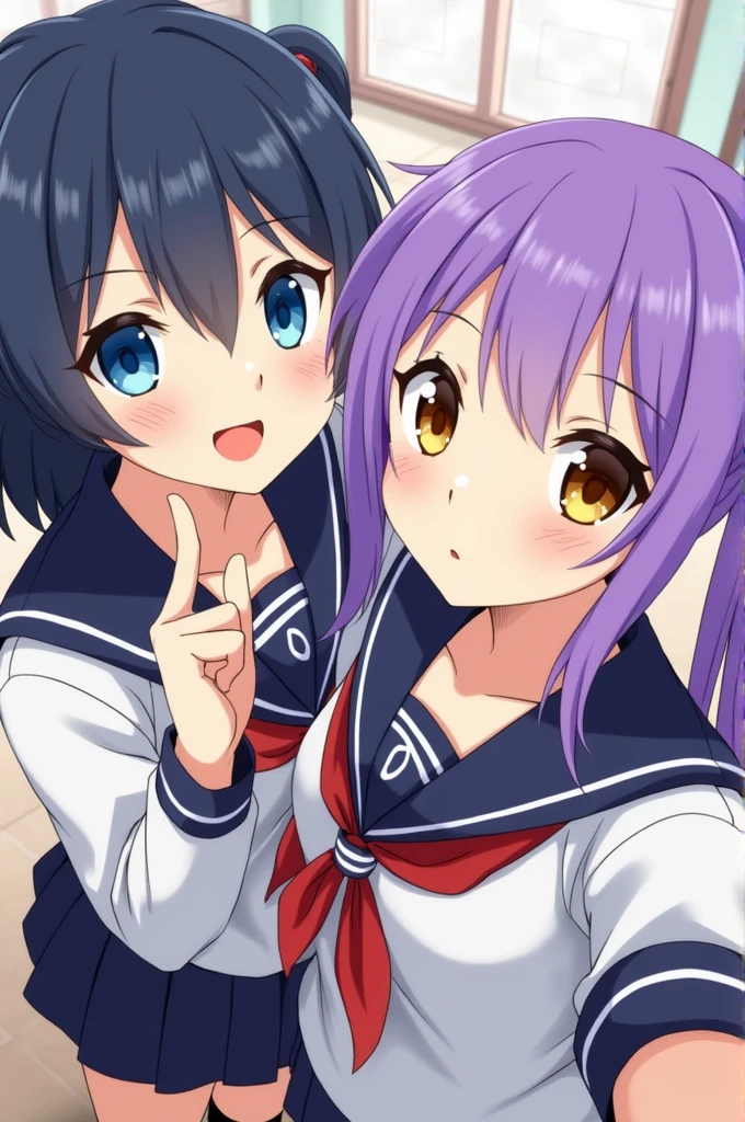 Please, an image of a girl with pale skin, dark blue hair tied in two pigtails and blue eyes taking a selfie next to another girl with purple hair tied in a long ponytail that reaches to her thighs, with amber eyes. Both wearing schoolgirl uniforms.