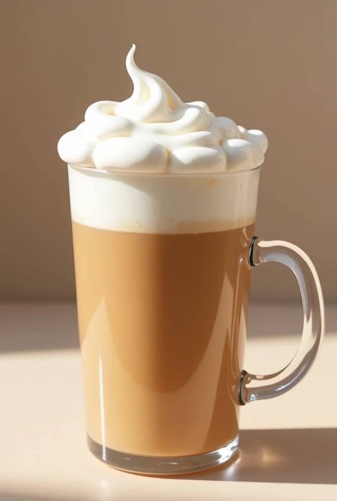 Milk tea in transparent big mug have lot of high white foam .