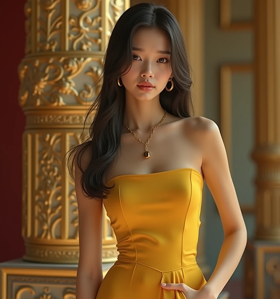jang wonyoung, a female, asian, adult, slim body, straight black hair in a short yellow dress walking on a pedestal, detailed face and features, beautiful eyes and lips, cinematic lighting, vibrant colors, dramatic pose, ornate pedestal, masterpiece, 8k, highly detailed