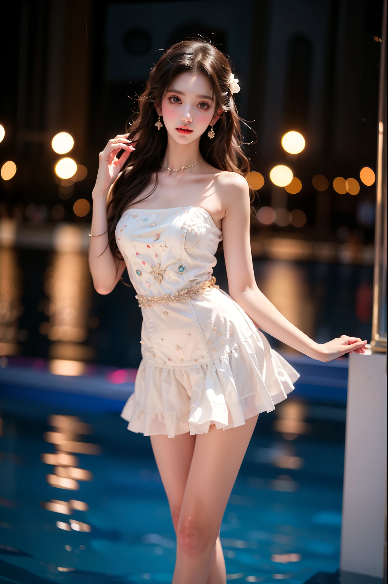 a woman floating in a moonlit pool, elegant pose, legs in natural position, lifting dress slightly with one hand, short dress, smooth skin, slender figure, slim waist, vibrant colors, warm tones, delicate makeup, shy expression, natural beauty and grace, comfort, retina-burning, masterpiece, anatomically correct, skin texture, super detailed, best quality, highly detailed, vivid colors