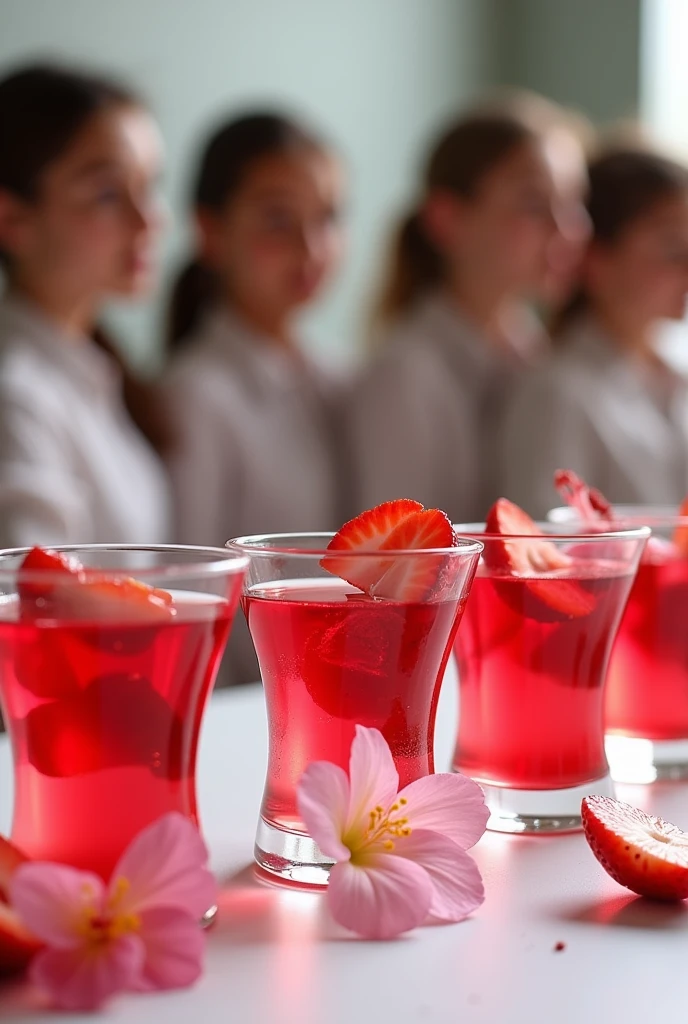 Image of small glasses on a table containing red gelatin and filled with cut strawberries on the side a hibiscus flower and several students watching