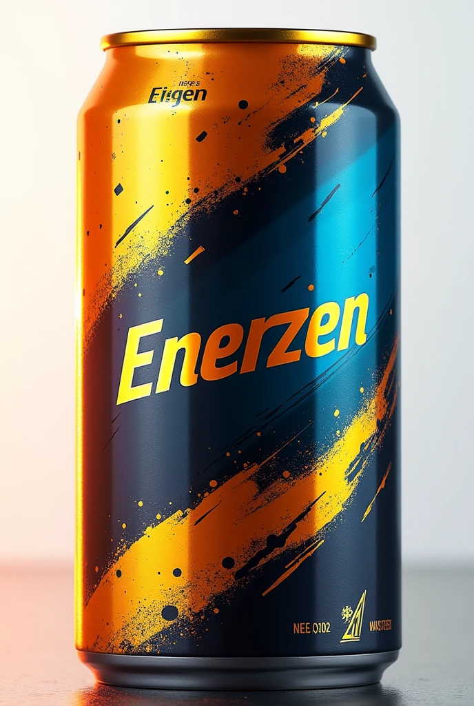 Create an energy drink bottle with the name Enerzen that contains the colors gold, orange, blue and black