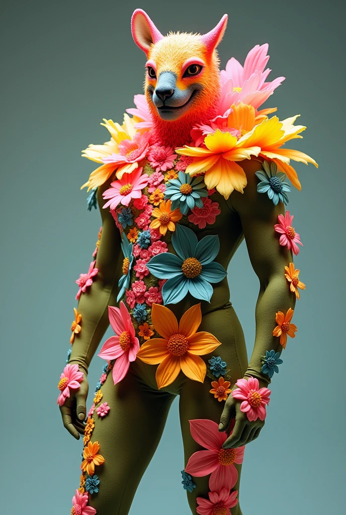 A costume for men that is playful and elaborate ensemble that combines elements of various flowers and animals. The base consists of a fitted bodysuit, adorned with layered fabric elements that represent petals and leaves. 
A bright and cheerful tapestry of colors, including vivid pinks, sunny yellows, lush greens, deep blues, and fiery oranges. Each color should represent different elements of nature, creating a harmonious blend. 
Make it simple and easy to make. Put it in a mannequin.