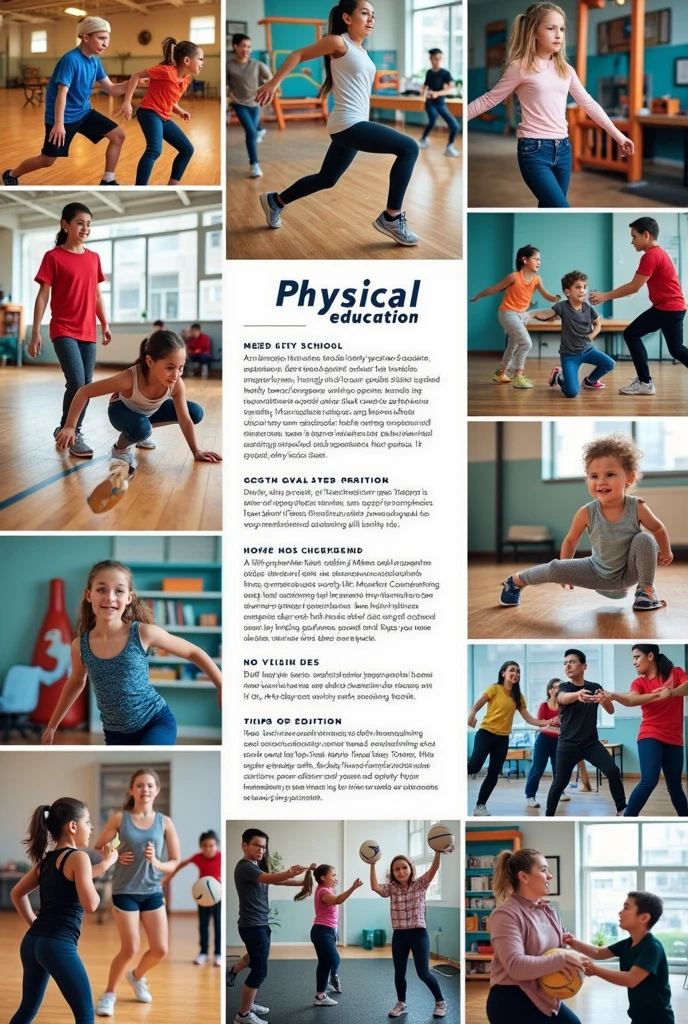 can you create me a photo collage that explains the importance of Physical Education in our daily lives with explanation in each photo 