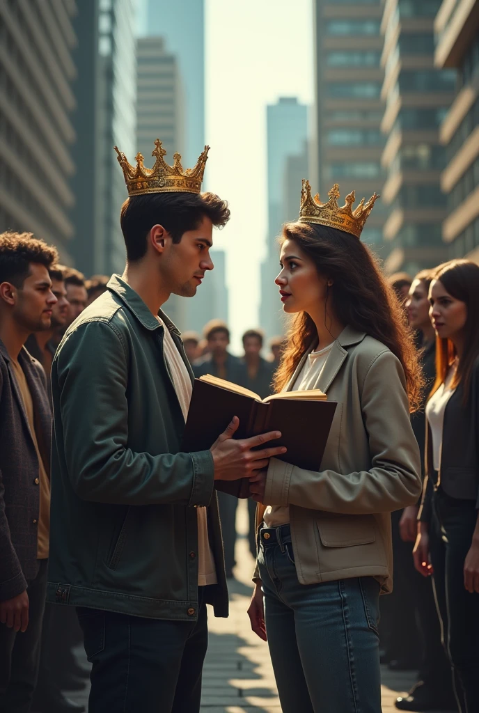 Modern young man hugging a bible and with a crown on his head being watched by evil young men and a modern young woman hugging a bible and with a crown on her head being watched by evil young women.