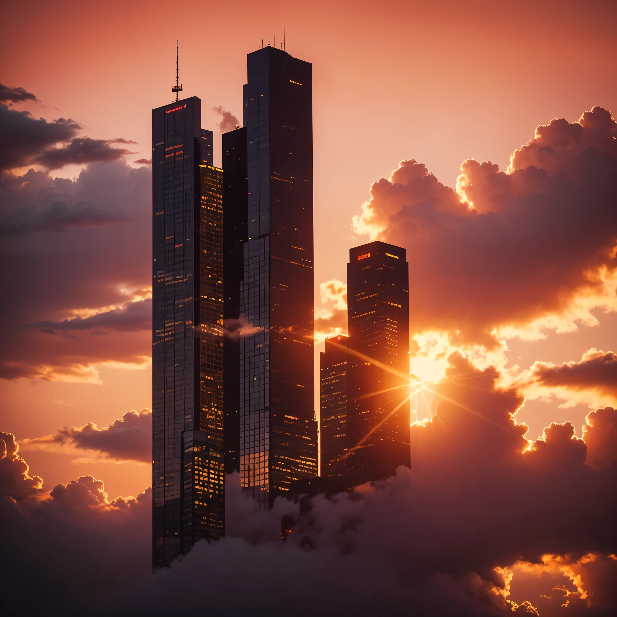 skyscraper, gold, black glass, above the clouds, sunset, Red Sun, Red Sky, burgundy clouds, Dramatically, Flood lighting, half tone, Reflected light,