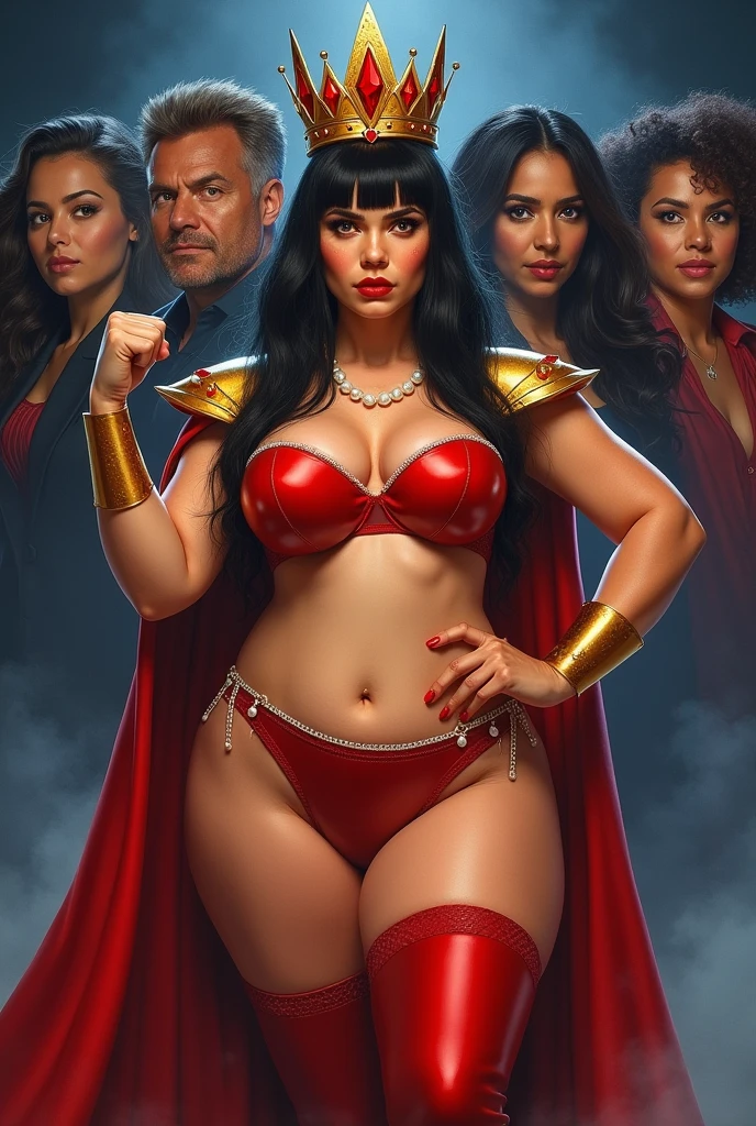 High quality, painted realistic 2000s sci-fi movie poster, titled “Queen of the Final World” in bold large Yellow text on top. In the center is tall chubby actress ((Julie Strain)), glowing red eyes, dramatic pose, one fist raised, broad shoulders, wide hips, long straight hair, thick thighs, red diamond crown, golden shoulder pads, pearl necklace, (plunging neckline), bare midriff, fishnet stockings, red long loin cloth, thigh-high latex boots, red cape. The background has five varying size headshots of other diverse ethnicity actors staggered against each other.